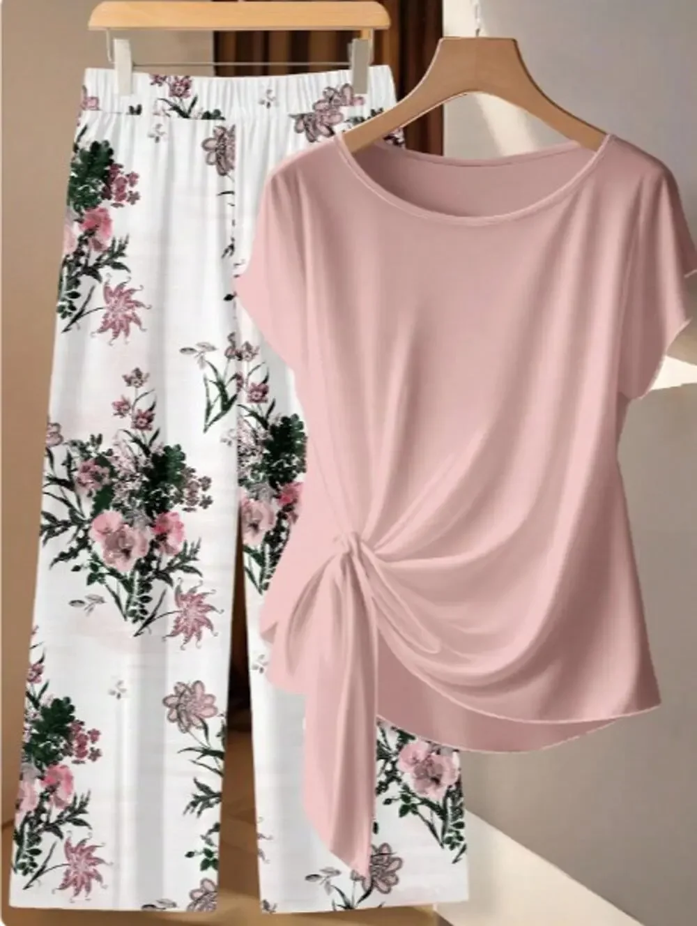 Copied - Pink Floral 2 Piece Pant Set Side Tie Top Wide Leg Pants